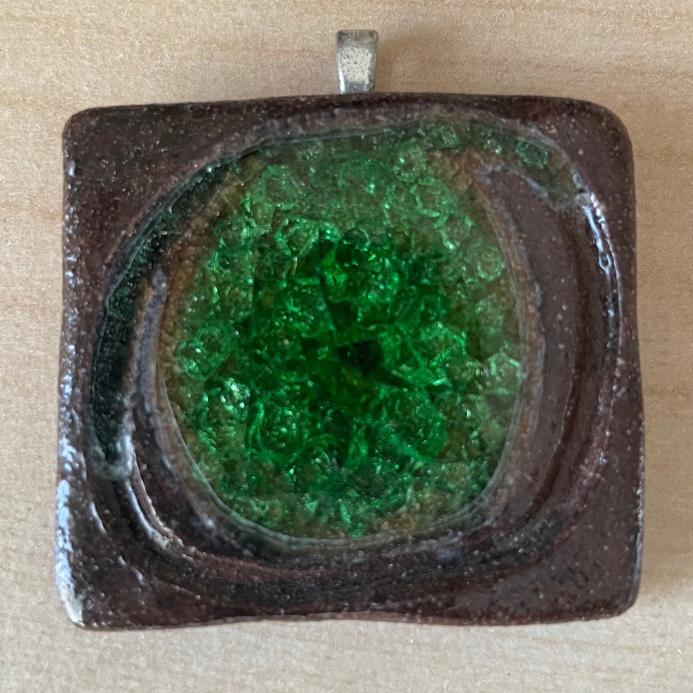 Handmade Green Nova Square Pendant Dark Academia Ceramic Stoneware Glass Signed